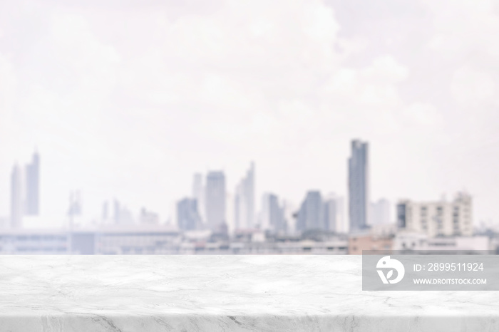 Marble Table with White Blurred Cityscape Background Background, Suitable for Product Presentation Backdrop, Display, and Mock up.