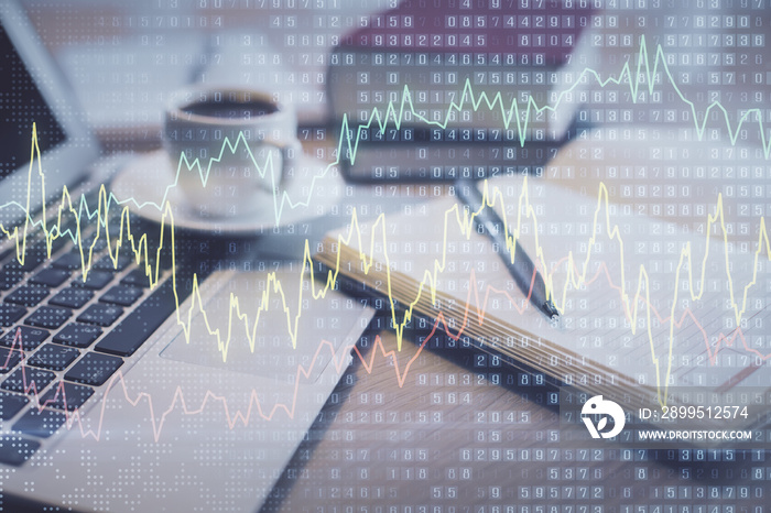 Double exposure of forex chart drawing and desktop with coffee and items on table background. Concept of financial market trading