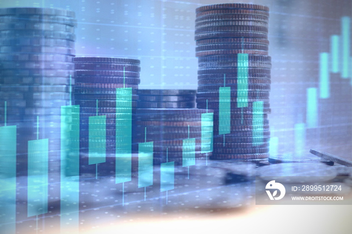 Exposure of graph, stock display and rows of coins for finance. Concept of corporate business economy and financial growth by investment in valuable asset to gain cash revenue