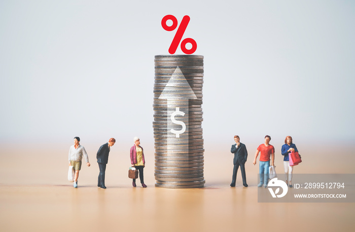 Businessmen and shopper miniature figure standing with high coins stacking , percentage sign , up arrow and dollar symbol , Financial interest rate and inflation increasing concept.