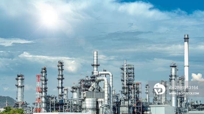 Oil and gas industrial,Oil refinery plant form industry,Refinery factory oil storage tank and pipeline steel with sunset and cloudy sky background,Thailand