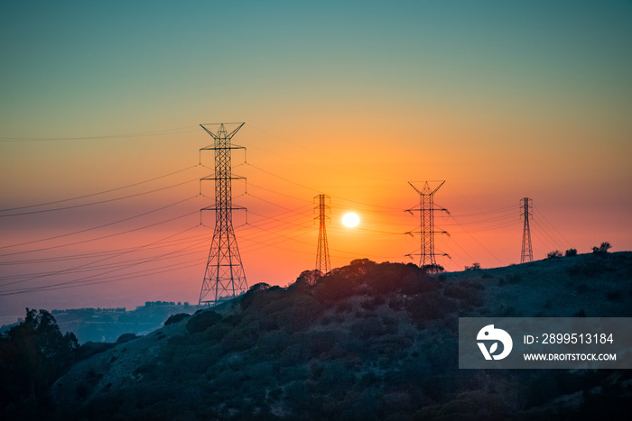 Sunsets over power lines in the San Gabriel Mountains in Southern California.