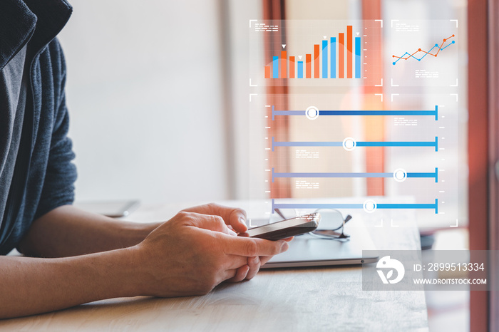 planning and strategy, Stock market, trader or investor working at home. Technical price graph and indicator, red and green candlestick chart and stock trading computer screen background.