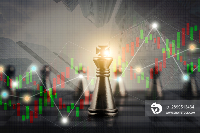 Double exposure financial market stock chart with chess board game competition, success and leadership business concept