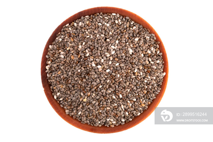 Pile of Organic Raw Chia Seeds in a Wooden Bowl