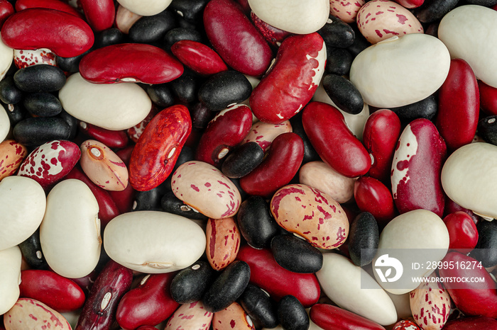 Mixed legumes beans background. Top view