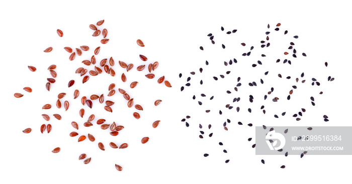 Flax seeds heap and sesame on white background