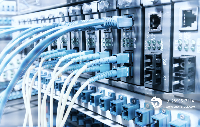 Fiber Optic cables connected to an optic ports and Network cables connected to ethernet ports