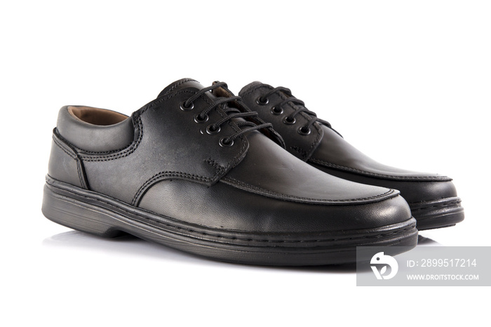 Male black leather elegant shoe on white background, isolated product, comfortable footwear.