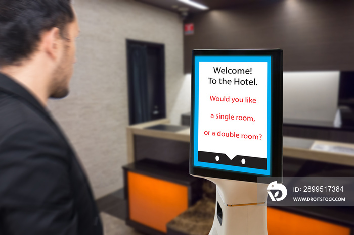 robot in hotel concept, robotic butler help the customer to booking the room, put the object, food, accessories inside it.