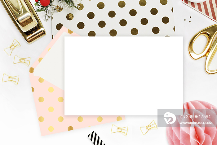 Modern background. Mock-up for your photo or text Place your work. Woman desktop, template card. Header website or Hero website. Flat lay. Open envelope with blank