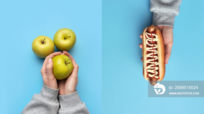 Green apples and a hot dog. Choosing between healthy and unhealthy food