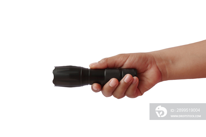 Black flashlight in human hands, isolated on a white background with the clipping path.