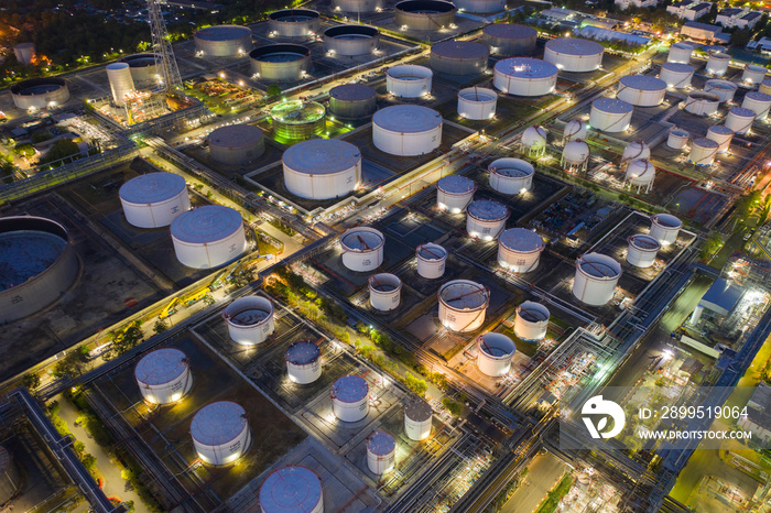 Aerial view oil and gas industrial, Refinery factory oil storage tank and pipeline steel