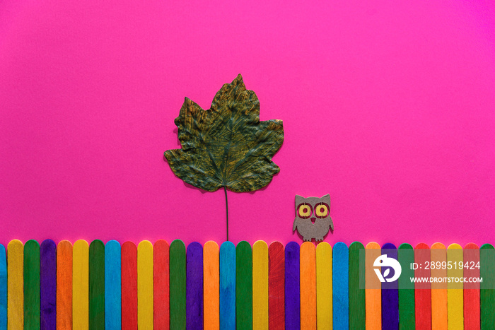 Creative decoration of wooden ice cream sticks. Colorful fence with owl and green leaf. School concept.