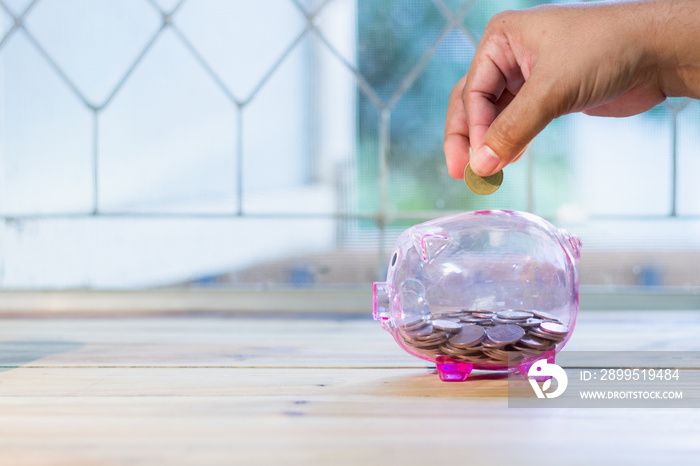 Pink piggy bank has coin inside. There are men’s hands are coin. , The concept of saving money for the future