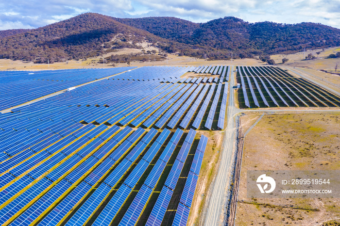 Aerial view of a large solar farm for renewable energy supply in Canberra, Australia