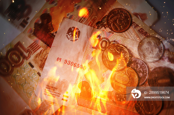 Burning russian rubles in fire flames