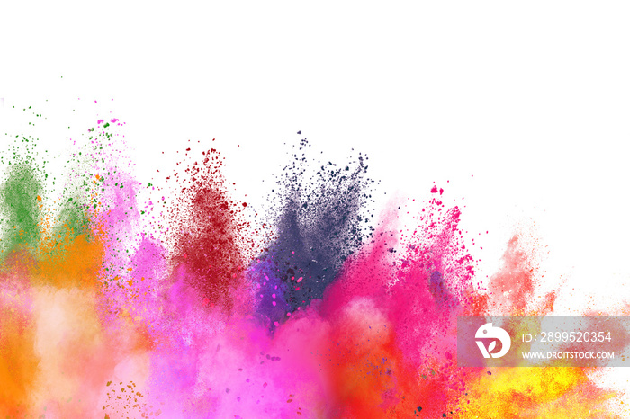 Colorful background of pastel powder explosion.Multi colored dust splash on white background.Painted Holi.