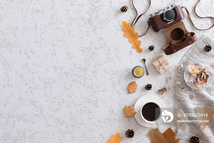 Hello Autumn flat lay background. Top view of workspace or office desk with vintage photo camera, sweater, cup of coffee, honey cookies, flowers and gold ears of wheat on textured white background