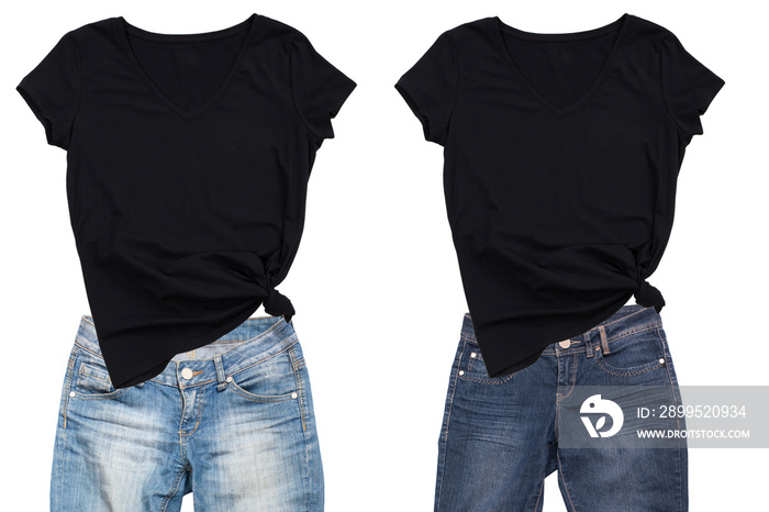 Summer Female black t shirt, jeans set mock up flat lay isolated on white background. Top front view t-shirt collage and copy space. Mockup t-shirt and summertime. Template blank shirt.