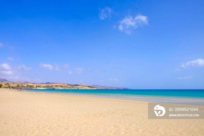 Beach Costa Calma on Fuerteventura with resorts, Canary Islands.