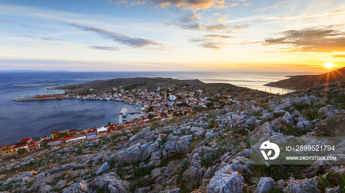 Village on Halki island in Dodecanese archipelago, Greece.