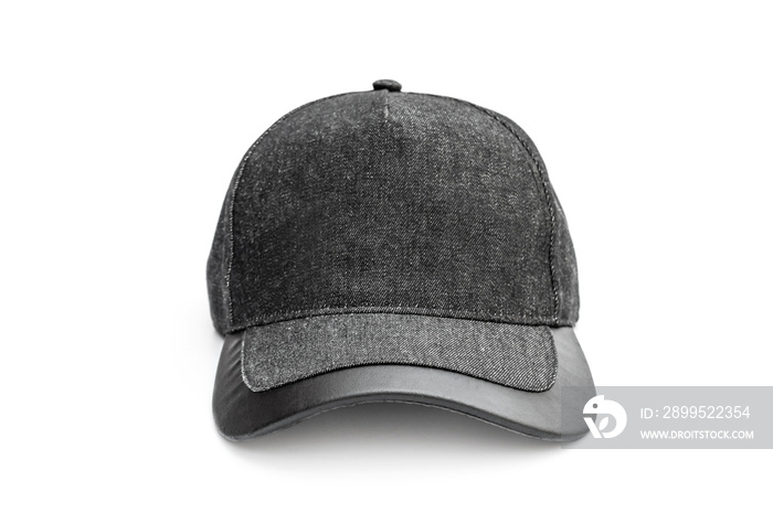 Black baseball cap on white background.