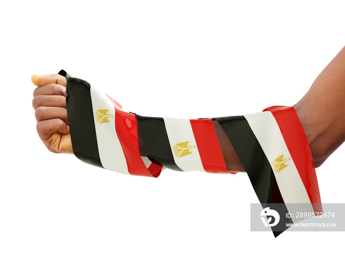 Hand wrapped in Egyptian flag. fist with 3d rendered flag isolated on white background