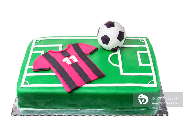Birthday cake for football player, a football field and a T-shirt.