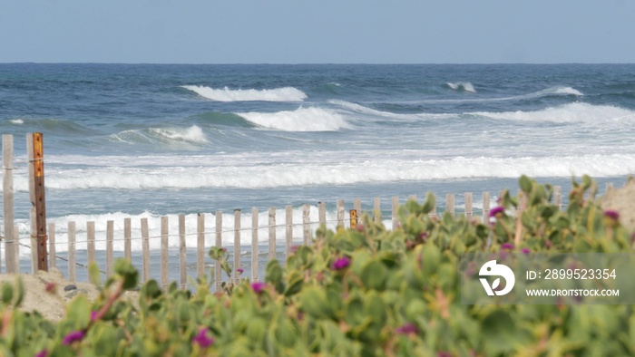 Blue turquoise water surf, big tide waves on sunny summer beach, Encinitas shoreline, California USA. Pacific ocean coast, greenery and wooden picket fence on sea shore. Coastline near Los Angeles.