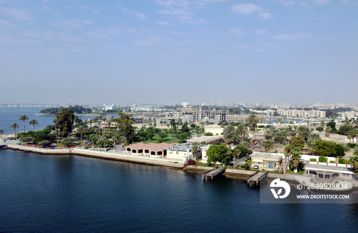 Panoramic view of the city Ismailia in Egypt - Africa. View from the Suez Canal side.