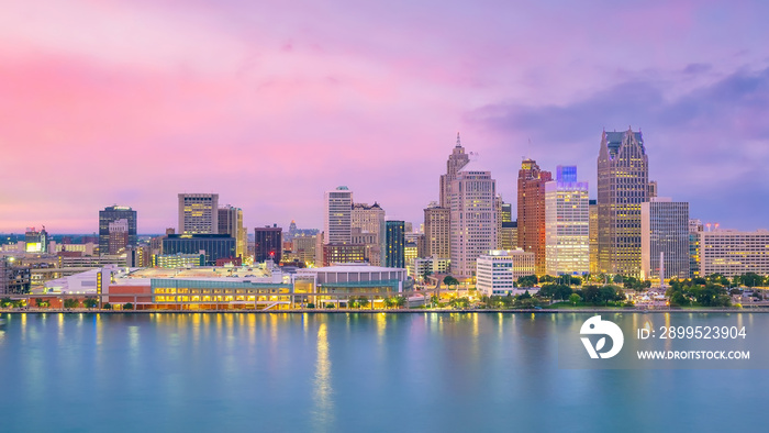 Cityscape of Detroit skyline in Michigan, USA at sunset