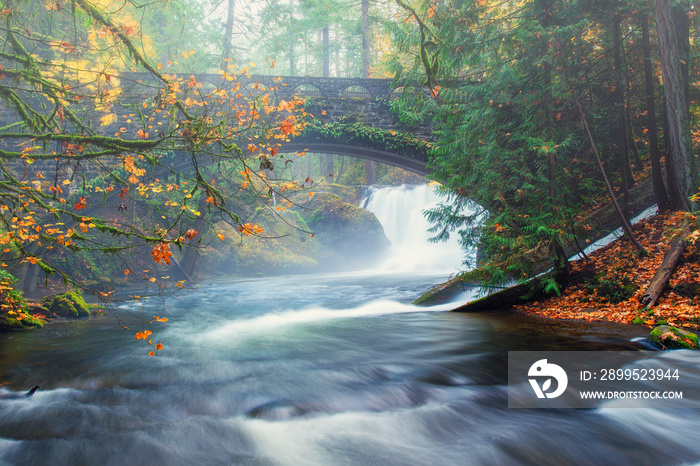 A fall mist envelopes a bridge and water fall