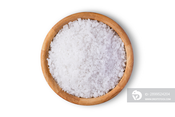 Closeup coarse or rock natural sea salt in brown bowl isolated on white background. Clipping path. Top view.