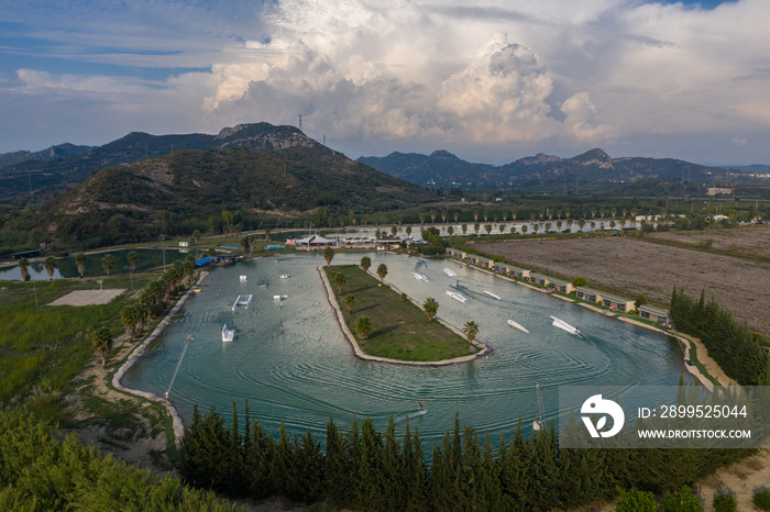 Aerial drone view Hip-notics cable park wake park in Antalya Turkey. Wakeboarding in Turkey.