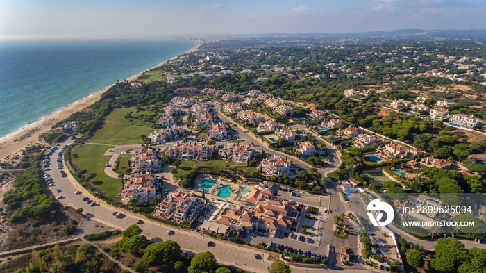 Aerial. View from the sky at the tourist town Dunas Douradas, Vale de Lobo.