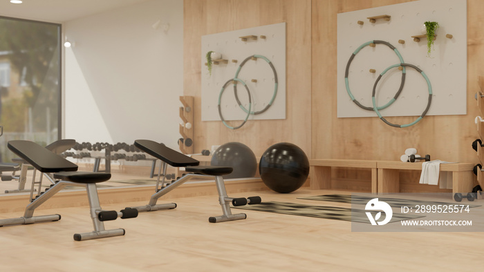 Modern sport club or fitness interior design with sport benches, yoga ball, yoga mats, hula hoops