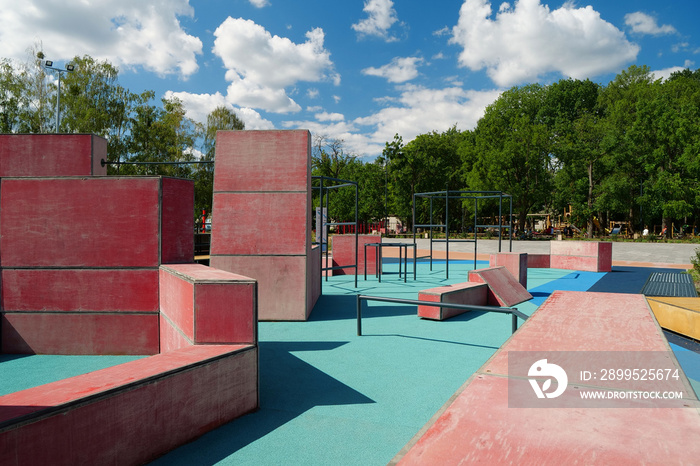 Sports ground with equipment in open air sport zone for parkour and freerunning