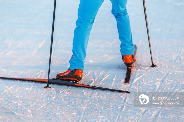 Close-up of cross country skiing equipment - boots and poles on a snow background