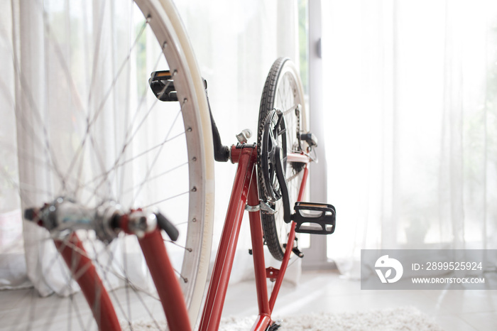 Bicycle upside down at home