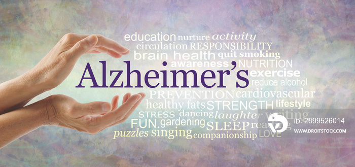 Alzheimer’s Word Cloud - female hands gently cupped around the word ALZHEIMER’S and a relevant word cloud on a pale rustic   background