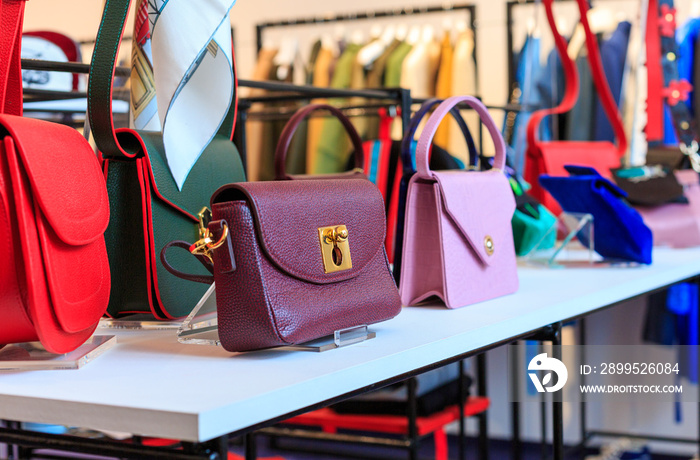 Handbags in shop window display.