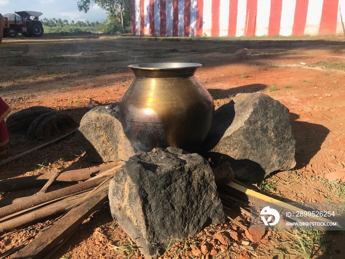 copper pot with pongal making festival at tamilnadu