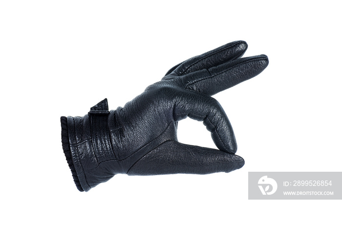 Black female leather glove showing an O.K. gesture
