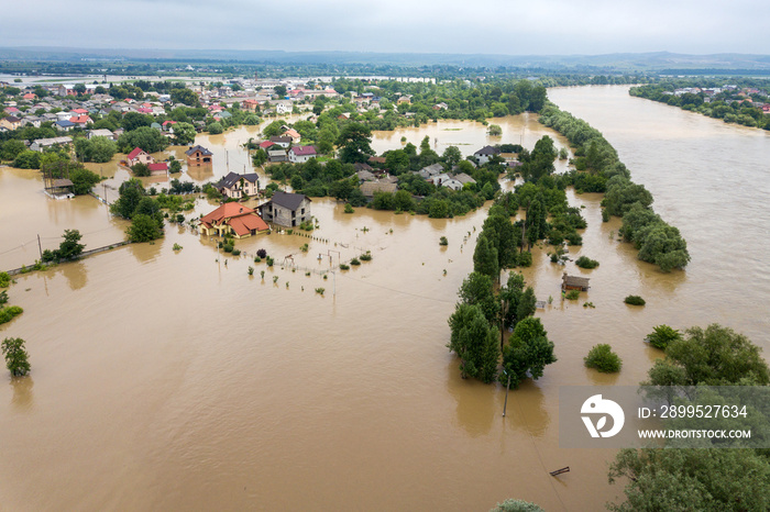 Aerial view of flooded houses with dirty water of Dnister river in Halych town, western Ukraine.