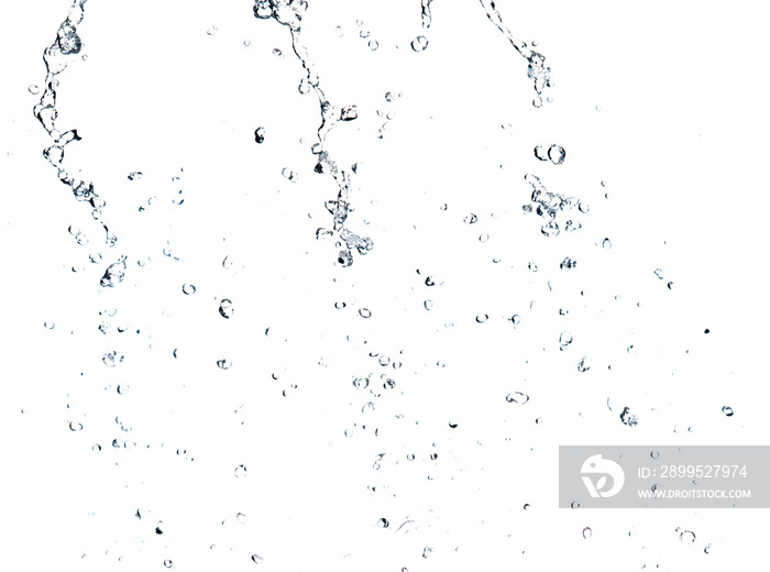 Shape form droplet of Water splashes into drop water line tube attack fluttering in air and stop motion freeze shot. Splash Water for texture graphic resource elements, White background isolated