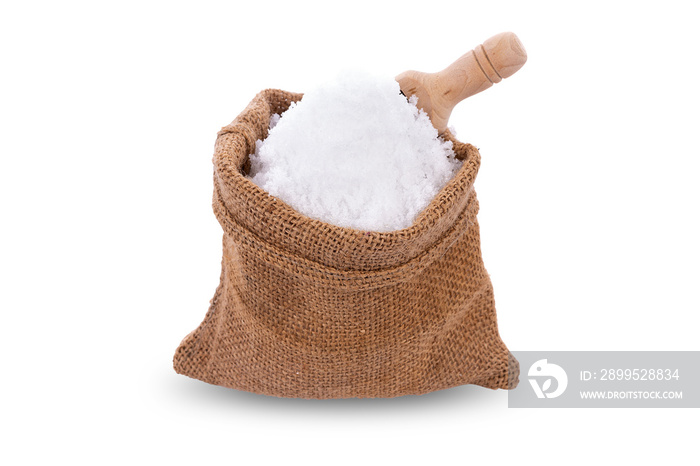 sea salt in jute sack on white background