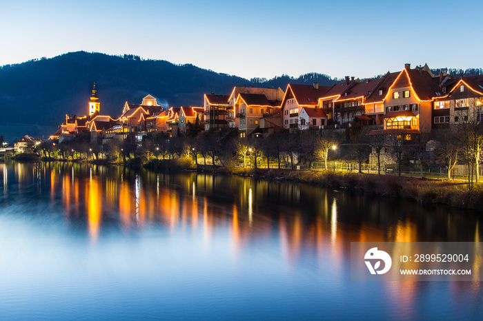 Evening view showing the village of Frohnleiten in Austria