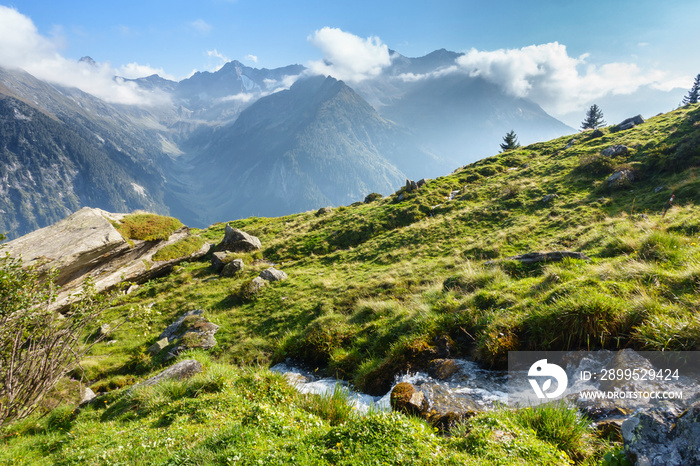 Gebirgsbach durch eine Alpenlandschaft in Tirol